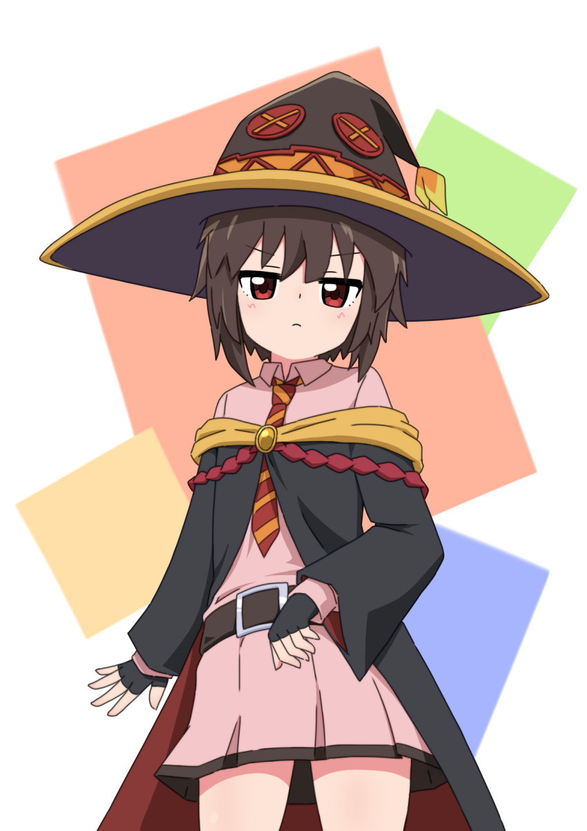1girl :&lt; annoyed belt belt_buckle black_cloak black_gloves black_headwear blue_background blush breasts brown_belt brown_hair buckle cloak commentary cowboy_shot diagonal-striped_necktie dress fingerless_gloves frown geometric_solid gloves green_background hat highres jitome kono_subarashii_sekai_ni_bakuen_wo! kono_subarashii_sekai_ni_shukufuku_wo! light_frown long_sleeves looking_at_viewer megumin multicolored_background necktie off_shoulder orange_necktie pink_dress pleated_dress rectangle red_background red_cloak red_eyes red_necktie red_prison_magic_school_uniform school_uniform short_dress short_hair small_breasts solo standing tokuchi919 two-sided_fabric v-shaped_eyebrows white_background witch_hat yellow_background