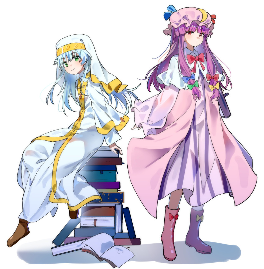 2girls blue_hair book book_stack boots bow brown_footwear capelet closed_mouth commentary crescent crescent_hat_ornament crossover dress footwear_bow full_body green_eyes habit hair_bow hat_ornament highres index_(toaru_majutsu_no_index) long_hair looking_at_viewer maisuiren multiple_girls patchouli_knowledge pink_headwear purple_dress purple_footwear purple_hair sidelocks simple_background sitting smile standing striped striped_dress toaru_majutsu_no_index touhou vertical-striped_dress vertical_stripes violet_eyes white_background white_capelet