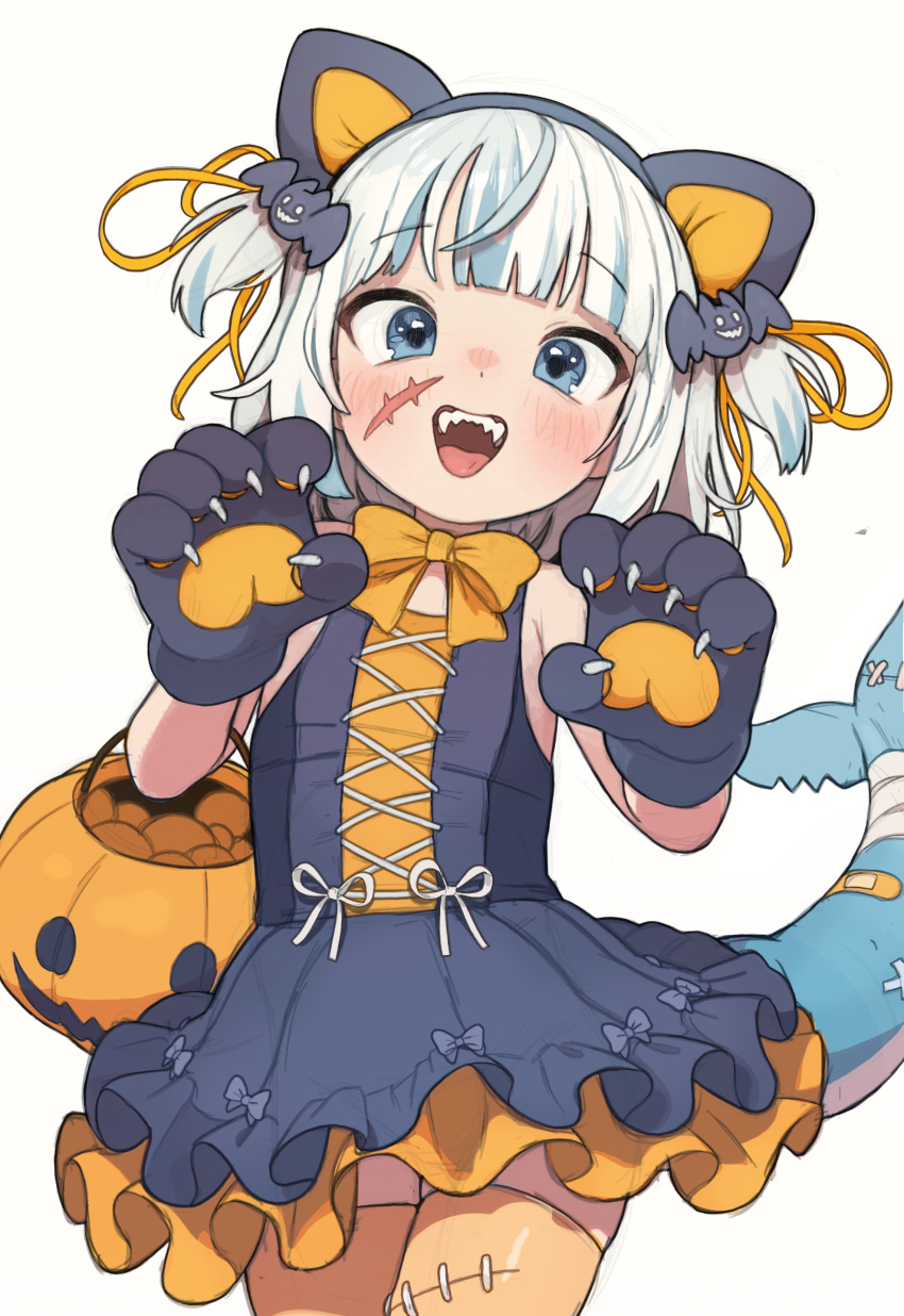 1girl absurdres animal_ears bare_shoulders black_dress blue_eyes blue_hair blunt_bangs bow bowtie dress fake_animal_ears fins fish_tail gawr_gura hair_ornament hair_ribbon halloween highres hololive hololive_english jack-o'-lantern multicolored_hair open_mouth opossumachine orange_bow orange_ribbon pumpkin ribbon shark_girl shark_tail sharp_teeth simple_background sleeveless sleeveless_dress solo streaked_hair tail teeth thigh-highs two_side_up virtual_youtuber white_background white_hair