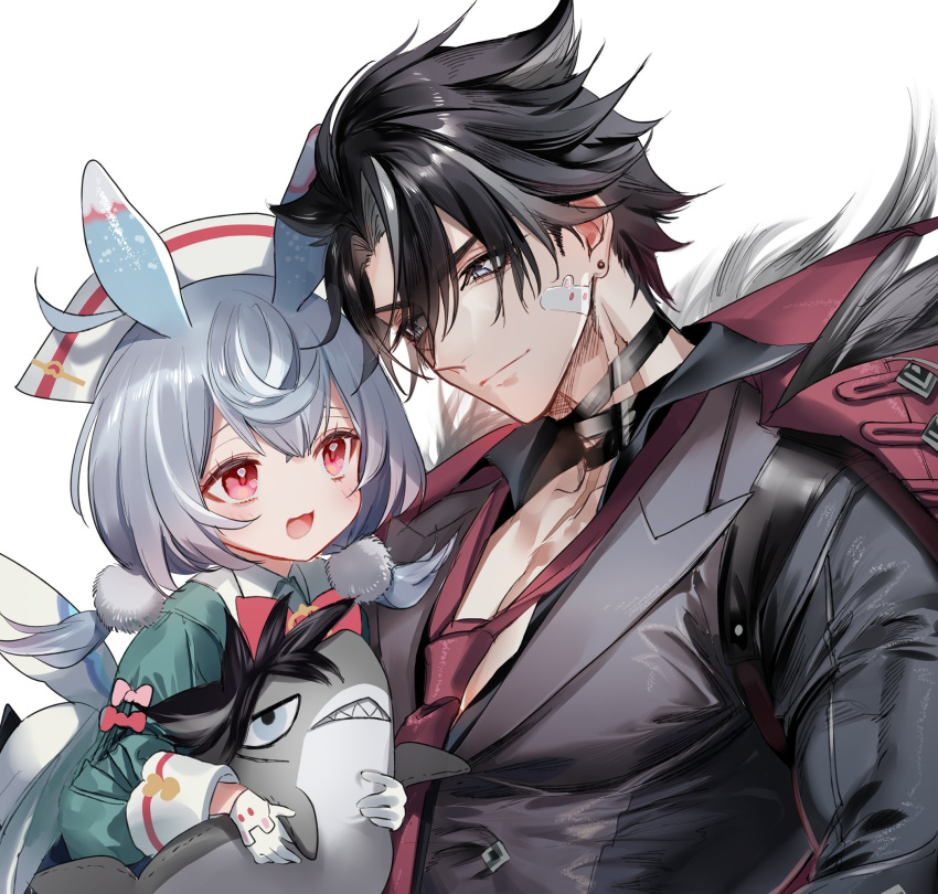 1boy 1girl animal_ears bandaged_neck bandages bandaid bandaid_on_cheek bandaid_on_face black_hair closed_mouth genshin_impact gloves grey_hair hair_between_eyes hair_ornament hat highres holding holding_stuffed_toy long_sleeves low_twintails multicolored_hair necktie open_mouth pom_pom_(clothes) pom_pom_hair_ornament pottsness red_eyes red_necktie scar scar_on_neck sigewinne_(genshin_impact) simple_background stuffed_animal stuffed_shark stuffed_toy twintails white_background white_gloves white_headwear wriothesley_(genshin_impact)