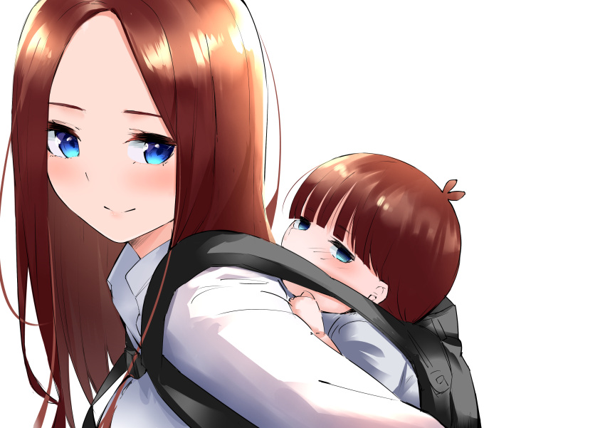 1boy 1girl absurdres aged_up alternate_hairstyle antenna_hair blue_eyes blunt_bangs blush brown_hair carrying child close-up closed_mouth commentary_request eyelashes forehead from_side go-toubun_no_hanayome highres if_they_mated long_hair looking_at_viewer mame1645 mother_and_son nakano_miku piggyback shirt short_hair simple_background smile straight_hair white_background white_shirt