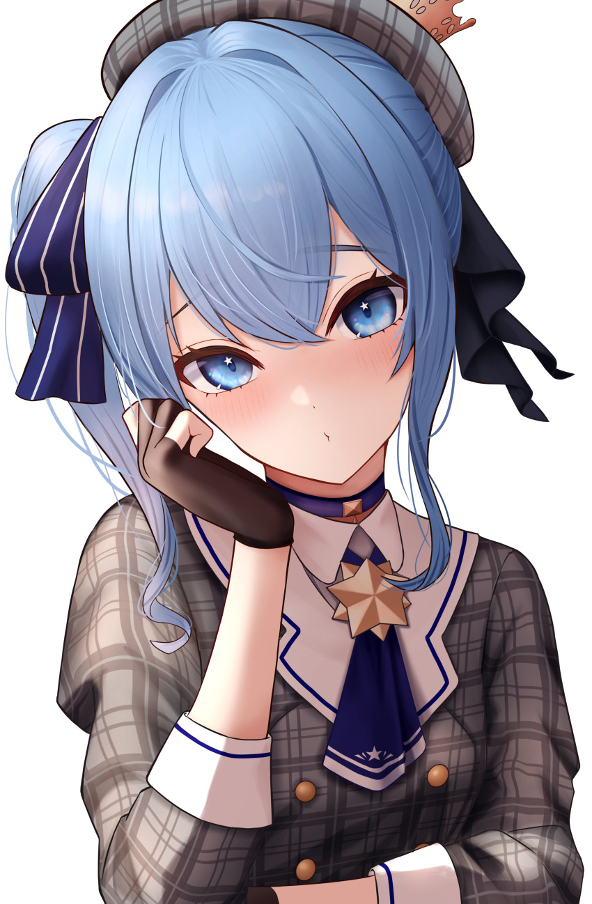1girl absurdres ascot beret black_gloves blue_ascot blue_choker blue_eyes blue_hair blush brooch choker closed_mouth crown gloves grey_headwear grey_shirt hair_ribbon hand_up hat head_tilt highres hololive hoshimachi_suisei hoshimachi_suisei_(1st_costume) jewelry likuo looking_at_viewer mini_crown partially_fingerless_gloves plaid plaid_shirt ribbon shirt side_ponytail simple_background solo star_(symbol) star_in_eye symbol_in_eye upper_body virtual_youtuber white_background