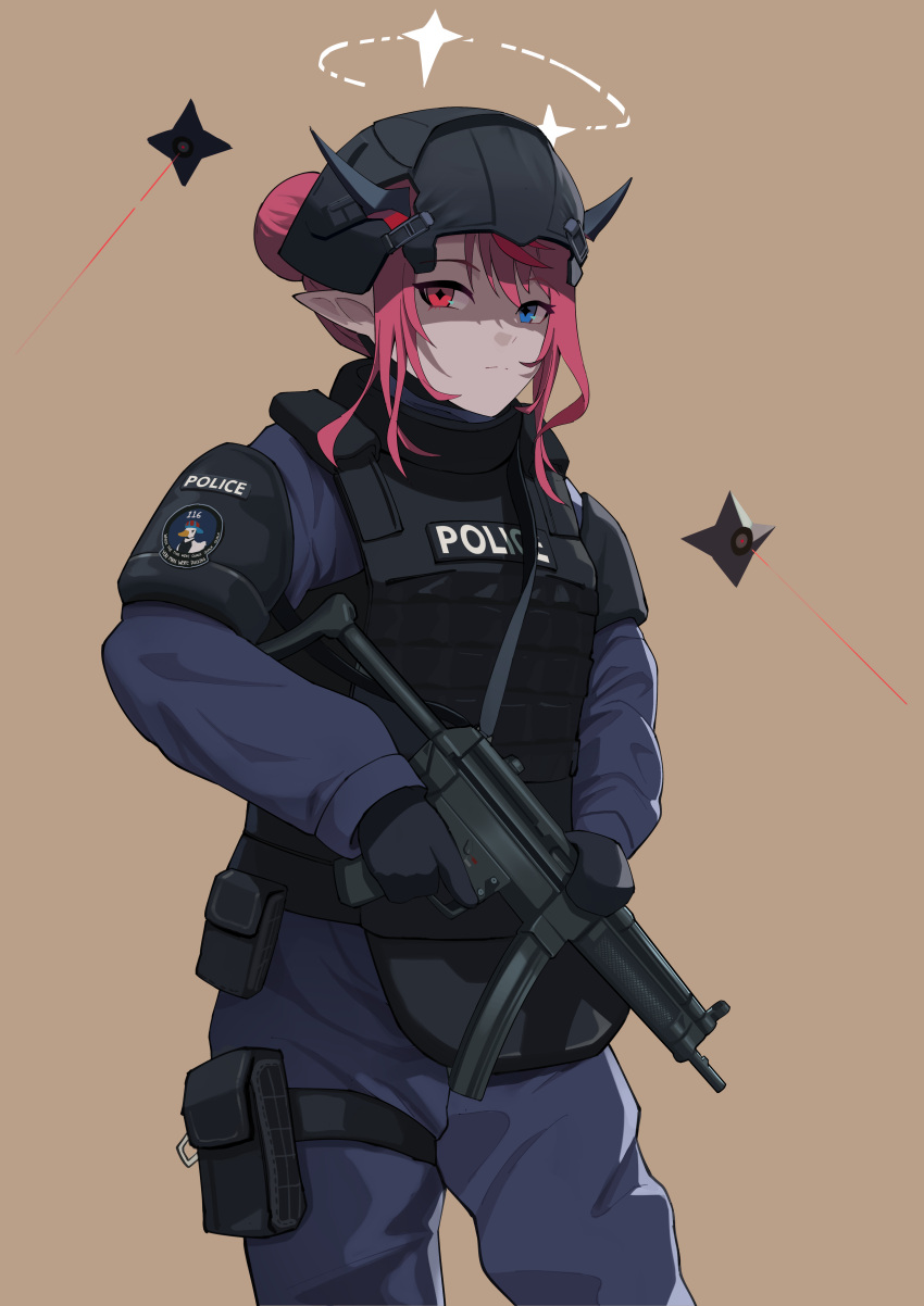1girl absurdres blue_eyes body_armor bulletproof_vest combat_helmet gun h&amp;k_mp5 halo helmet heterochromia highres hololive hololive_english horns irys_(hololive) long_hair looking_at_viewer multicolored_hair pointy_ears police police_uniform policewoman purple_hair redhead shift_(shiftillust) solo submachine_gun swat tactical_clothes uniform virtual_youtuber weapon