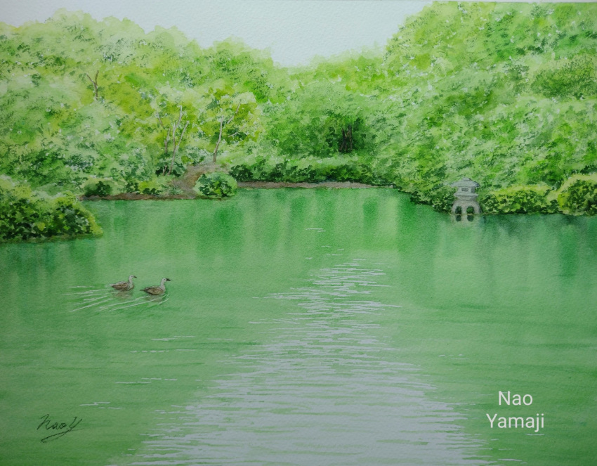 animal artist_name bird bush commentary_request day forest green_theme highres lake naoy_watercolor nature no_humans original outdoors ripples scenery signature stone_lantern tree water