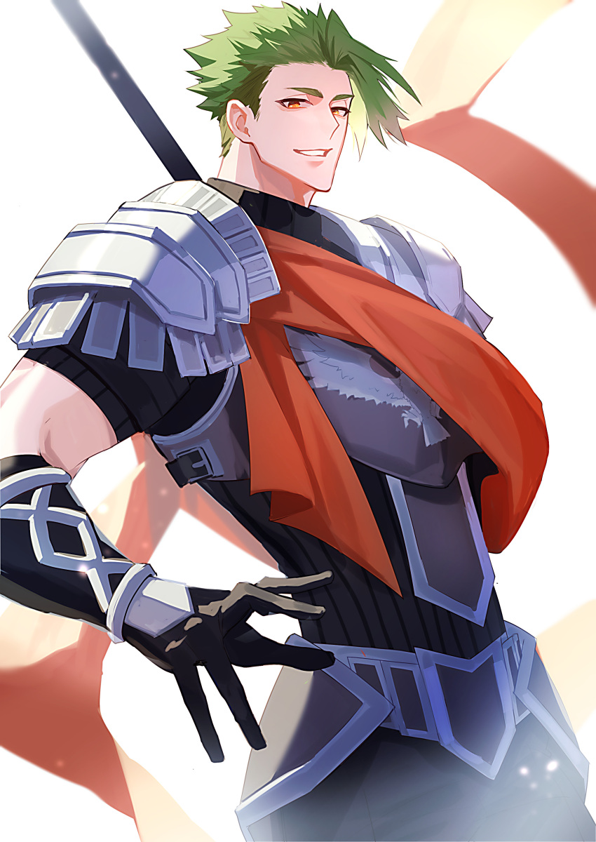 1boy absurdres achilles_(fate) armor black_shirt fate/apocrypha fate_(series) gauntlets green_hair grin haruakira highres holding holding_polearm holding_weapon looking_at_viewer male_focus mature_male orange_eyes polearm red_sash ribbed_shirt sash shirt short_hair simple_background smile solo undercut weapon white_background