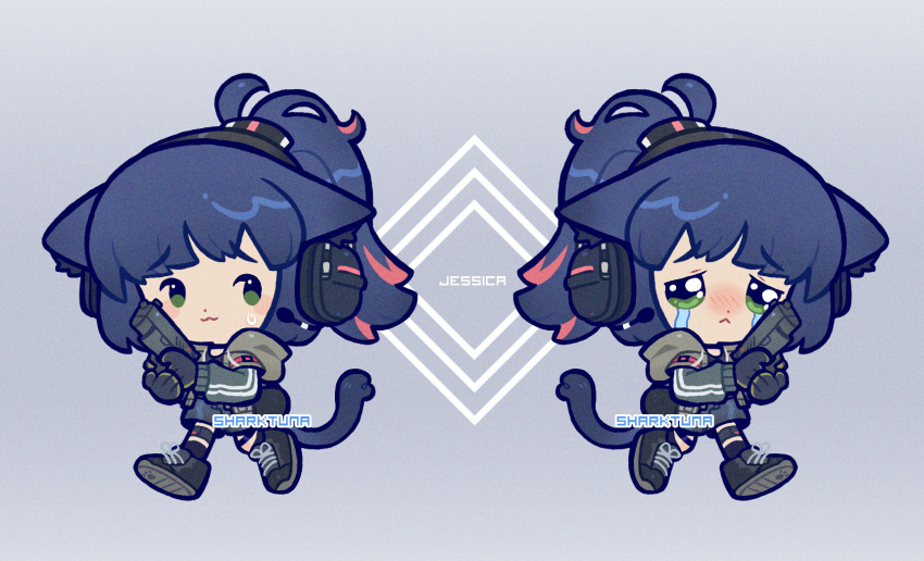 1girl :&lt; :3 animal_ears arknights artist_name black_footwear black_jacket black_shorts blue_hair blush cat_ears cat_girl cat_tail character_name chibi crying crying_with_eyes_open green_eyes grey_background gun headset highres holding holding_gun holding_weapon implied_extra_ears jacket jessica_(arknights) long_sleeves ponytail sharktuna shoes shorts simple_background sneakers streaming_tears sweatdrop tail tears weapon