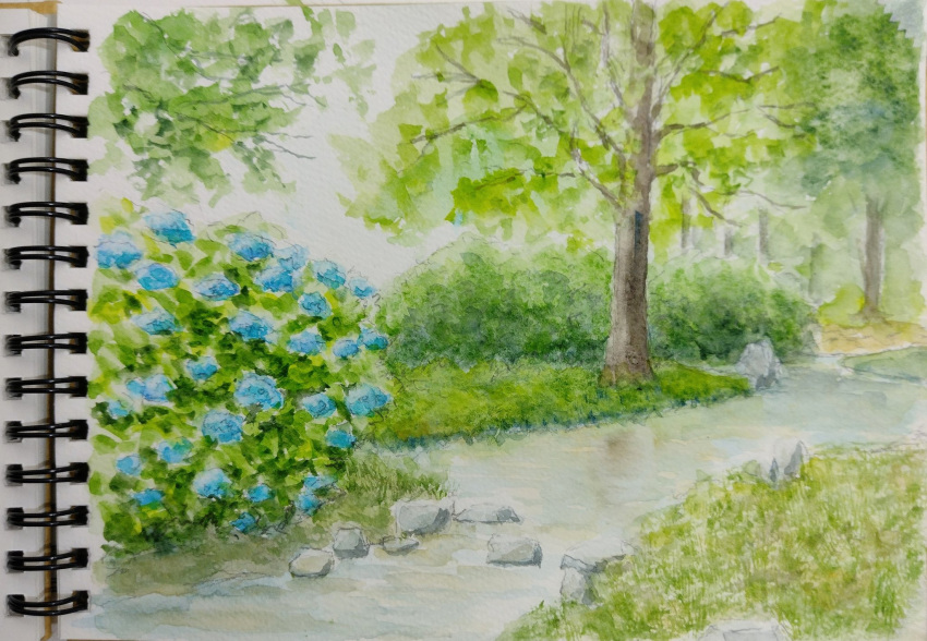 blue_flower bush flower forest highres naoy_watercolor nature no_humans original painting_(medium) river rock sketchbook traditional_media tree water watercolor_(medium)