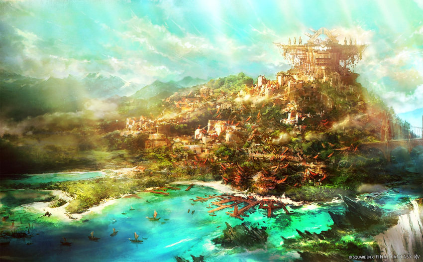 artist_request blue_sky boat bridge building city cityscape clouds company_name copyright copyright_name day dock final_fantasy final_fantasy_xiv highres light_rays mountainous_horizon no_humans official_art outdoors scenery sky sunbeam sunlight water watercraft