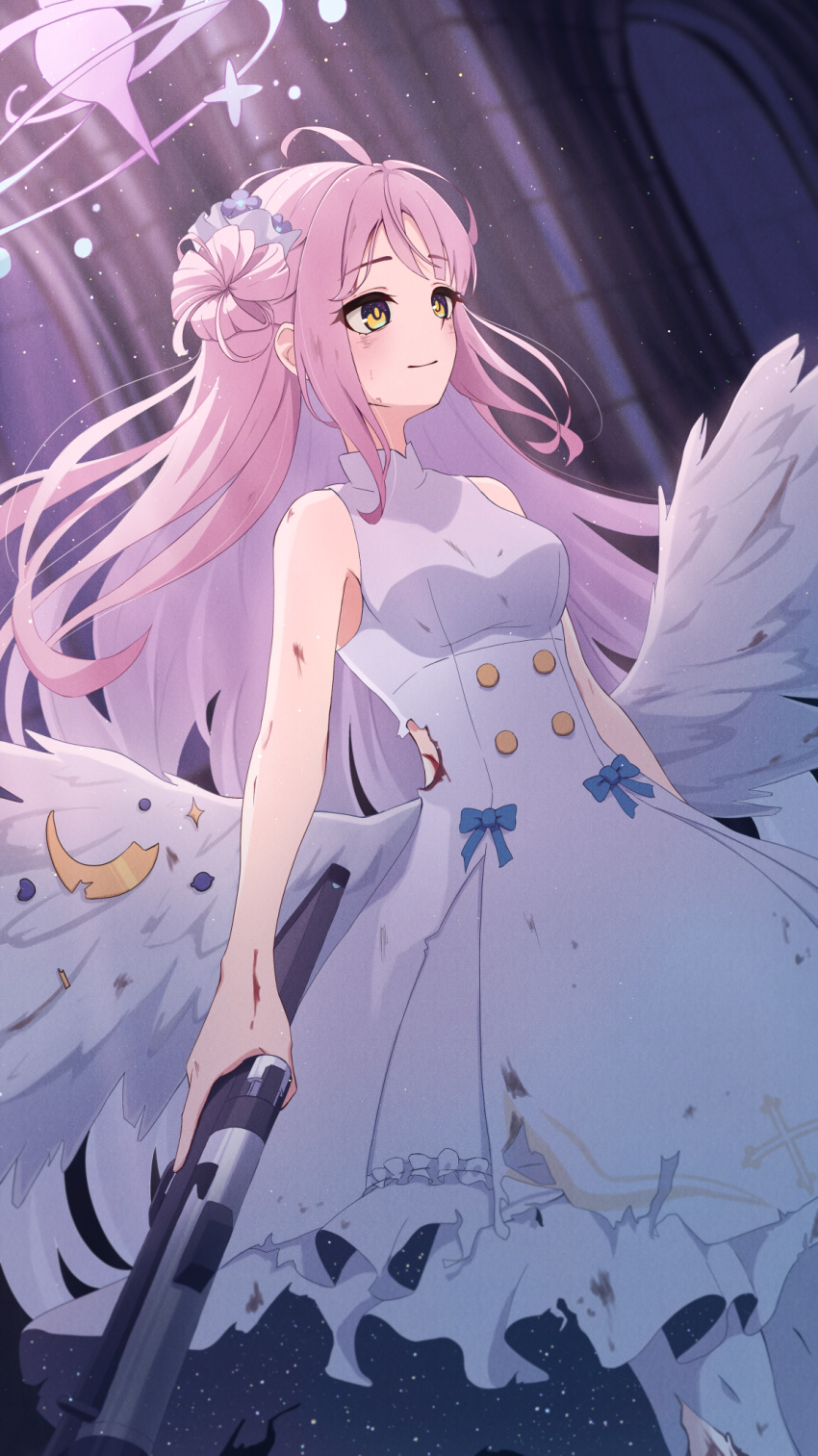 1girl angel_wings bare_shoulders blood blue_archive breasts buttons closed_mouth double-breasted dress feathered_wings frilled_dress frills gun hair_bun hair_ornament hair_scrunchie halo highres holding holding_gun holding_weapon indoors injury long_hair low_wings medium_breasts messy_hair mika_(blue_archive) pantyhose pink_hair scrunchie single_side_bun sleeveless sleeveless_dress smile solo standing torn_clothes torn_dress torn_pantyhose very_long_hair weapon white_dress white_wings wing_decorations wings yotsuremi