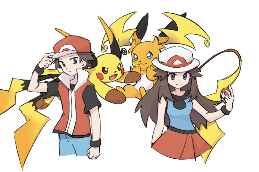 1boy 1girl brown_eyes brown_hair closed_mouth hair_flaps hat highres holding holding_poke_ball leaf_(pokemon) long_hair mega_raichu_x mega_raichu_y pants poke_ball poke_ball_(basic) pokemon pokemon_(creature) pokemon_frlg pokemon_legends:_z-a raichu red_(pokemon) red_hat red_skirt red_vest shirt short_hair short_sleeves simple_background skirt sleeveless sleeveless_shirt smile vest white_background white_hat wristband xlii_idk