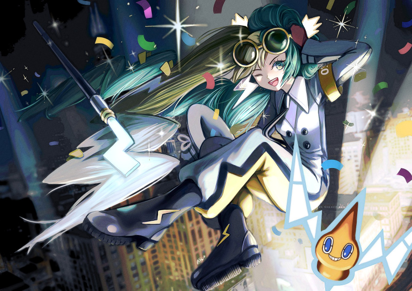 1girl armband black_footwear boots cane cityscape electric_miku_(project_voltage) electricity green_eyes hat hatsune_miku highres holding holding_clothes holding_hat jumpsuit lightning_bolt_symbol looking_at_viewer multicolored_hair necktie one_eye_closed open_mouth pitdoo pokemon pokemon_(creature) project_voltage rotom rotom_(normal) searchlight sunglasses twintails two-tone_hair vocaloid yellow_armband