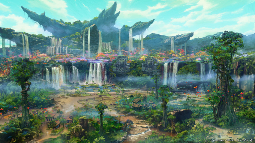 artist_request blue_sky building cliff clouds company_name copyright copyright_name day final_fantasy final_fantasy_xiv forest from_above highres landscape nature no_humans official_art outdoors scenery simple_bird sky tree water waterfall