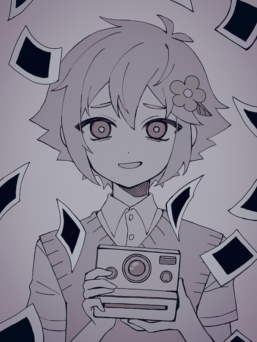 0tz026 1boy basil_(faraway)_(omori) basil_(omori) camera collared_shirt flower greyscale hair_flower hair_ornament highres holding holding_camera looking_at_viewer monochrome nervous_smile omori open_mouth photo_(object) shirt short_hair short_sleeves smile solo sweater_vest upper_body