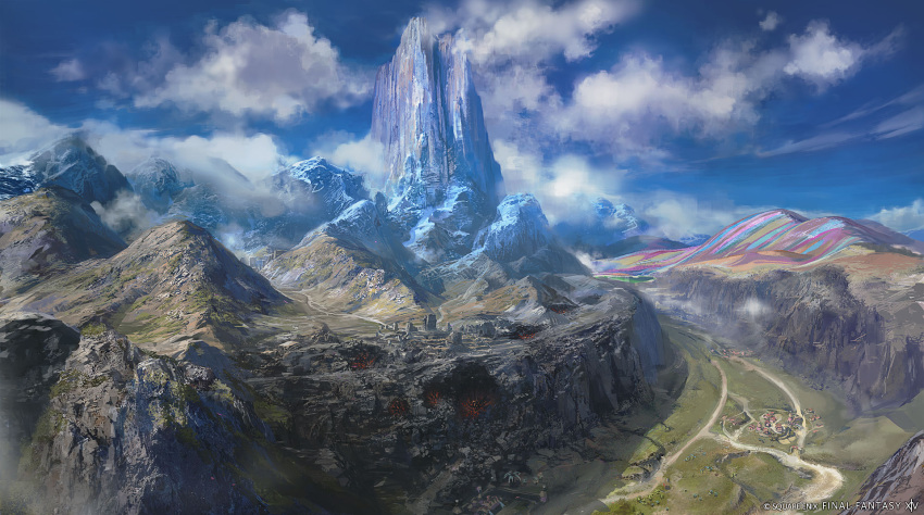 artist_request blue_sky clouds company_name copyright copyright_name day final_fantasy final_fantasy_xiv from_above highres landscape mountain mountainous_horizon no_humans official_art outdoors road rock scenery sky village