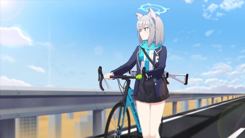 1girl animal_ears bicycle black_jacket black_skirt blue_archive blue_eyes blue_halo blue_scarf cross_hair_ornament feet_out_of_frame grey_hair hair_ornament halo highres jacket long_sleeves medium_hair nanju_bami open_clothes open_jacket pleated_skirt scarf shiroko_(blue_archive) shirt skirt solo white_shirt wolf_ears