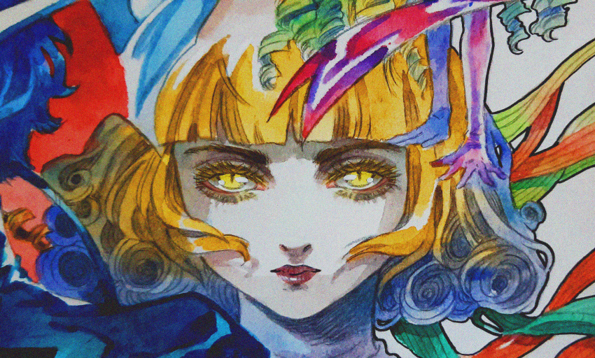 1girl abstract_background angelic_layer blanche_(angelic_layer) blunt_bangs closed_mouth commentary curly_hair english_commentary etherbeam expressionless highres lipstick long_eyelashes looking_at_viewer makeup painting_(medium) portrait red_lips short_hair slit_pupils solo straight_hair surreal traditional_media watercolor_(medium) yellow_eyes