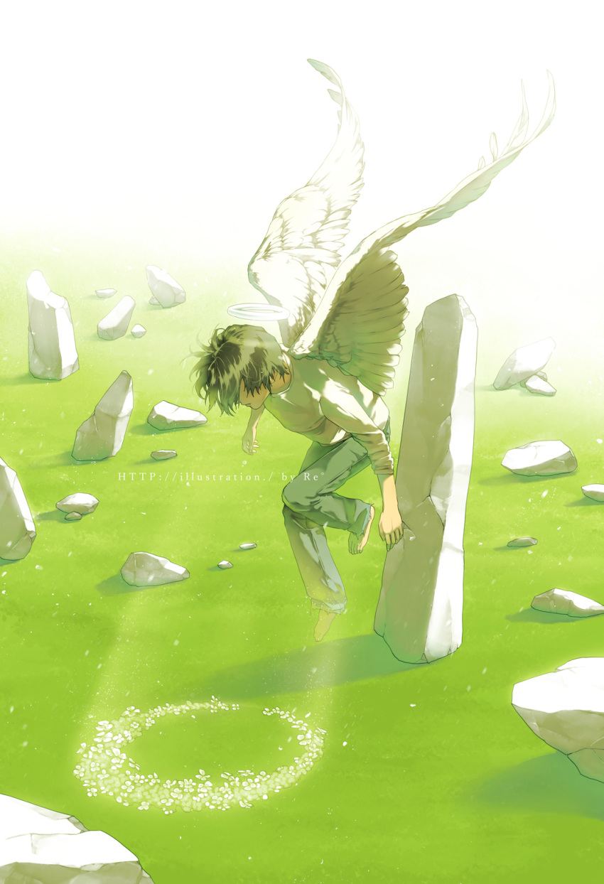 1boy angel angel_wings black_hair black_pants crescent day feathered_wings feathers grass halo highres long_sleeves original outdoors pants rido_(ridograph) rock shirt short_hair solo white_feathers white_shirt white_wings wings
