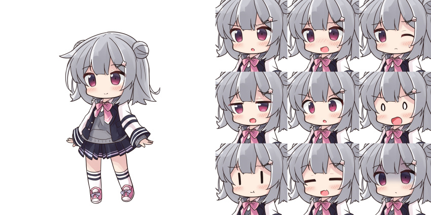 0_0 1girl :o :t black_jacket black_skirt blush_stickers bow cevio chibi closed_eyes closed_mouth collared_shirt commentary_request double_bun flower grey_hair grey_sweater hair_bun hair_flower hair_ornament hairclip highres jacket kneehighs koharu_rikka open_clothes open_jacket pink_bow pink_footwear pleated_skirt ryogo shaded_face shirt shoes simple_background skirt socks standing sweater v-shaped_eyebrows violet_eyes white_background white_flower white_shirt white_socks |_|