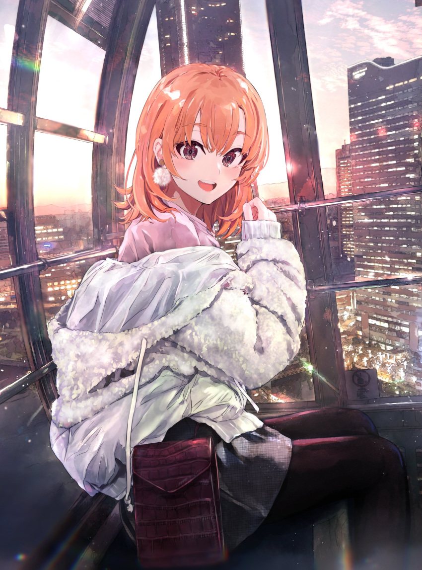 1girl :d absurdres bag black_pantyhose brown_eyes building city cityscape earrings feet_out_of_frame ferris_wheel_interior from_side grey_skirt hair_between_eyes highres hood hood_down hooded_jacket isshiki_iroha jacket jewelry lens_flare long_sleeves looking_at_viewer medium_hair off_shoulder open_mouth orange_hair outdoors pantyhose pink_shirt ponkan_8 red_bag shirt sitting skirt sky smile solo teeth upper_teeth_only white_jacket yahari_ore_no_seishun_lovecome_wa_machigatteiru.