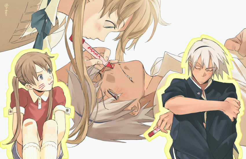 1boy 1girl ann_yasu_d blue_eyes closed_eyes collared_shirt drawing_on_another's_face drawn_whiskers highres holding holding_marker long_hair maka_albarn marker outline red_shirt shirt short_hair short_sleeves simple_background sitting soul_eater soul_evans twintails white_background yellow_outline