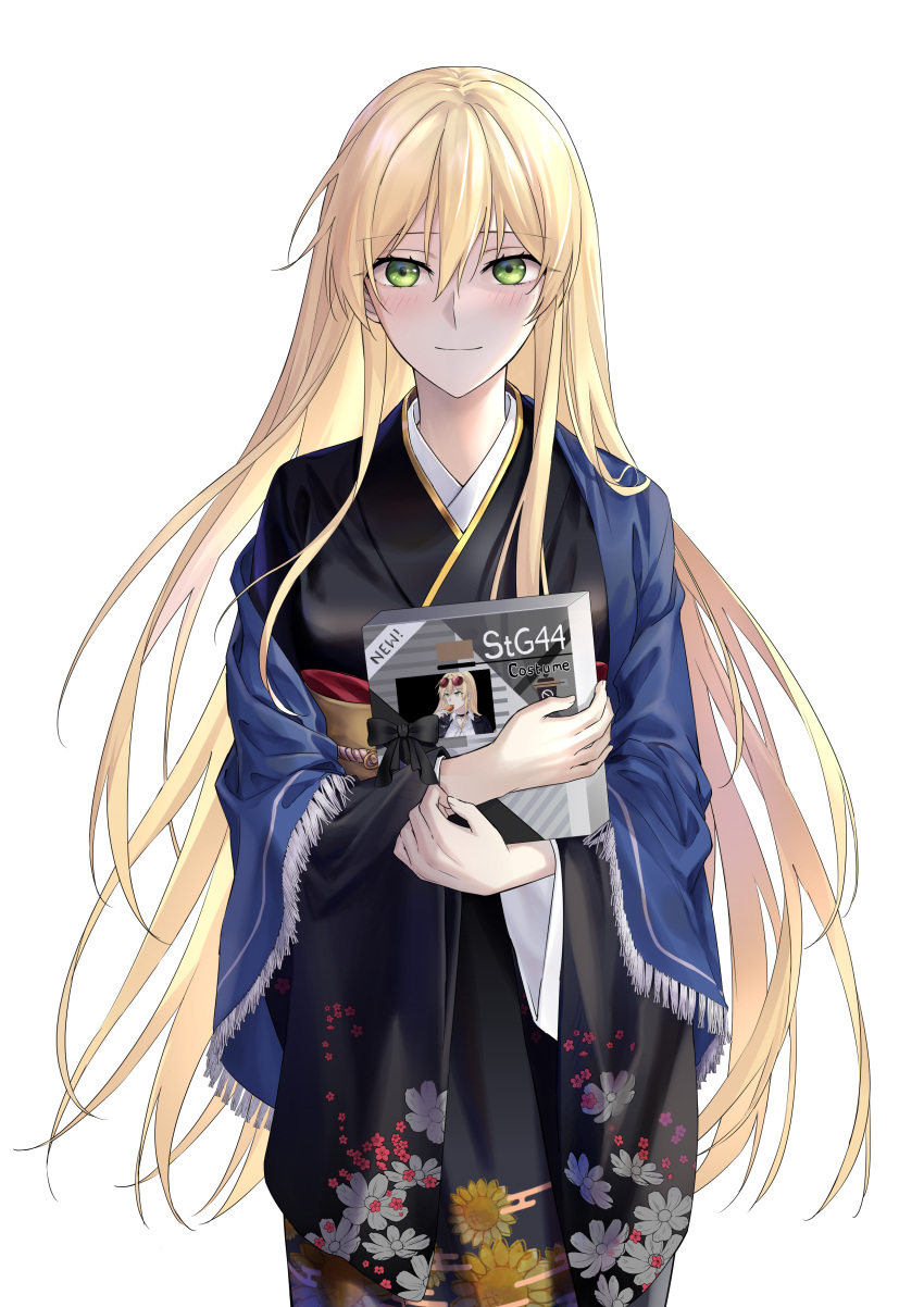 1girl absurdres black_kimono blanket blonde_hair blush breasts closed_mouth commission eyewear_on_head floral_print girls_frontline green_eyes hair_between_eyes highres holding japanese_clothes kimono long_hair long_sleeves looking_at_viewer pixiv_commission simple_background small_breasts smile solo stg44_(detective's_sidekick)_(girls'_frontline) stg44_(girls'_frontline) suprii white_background