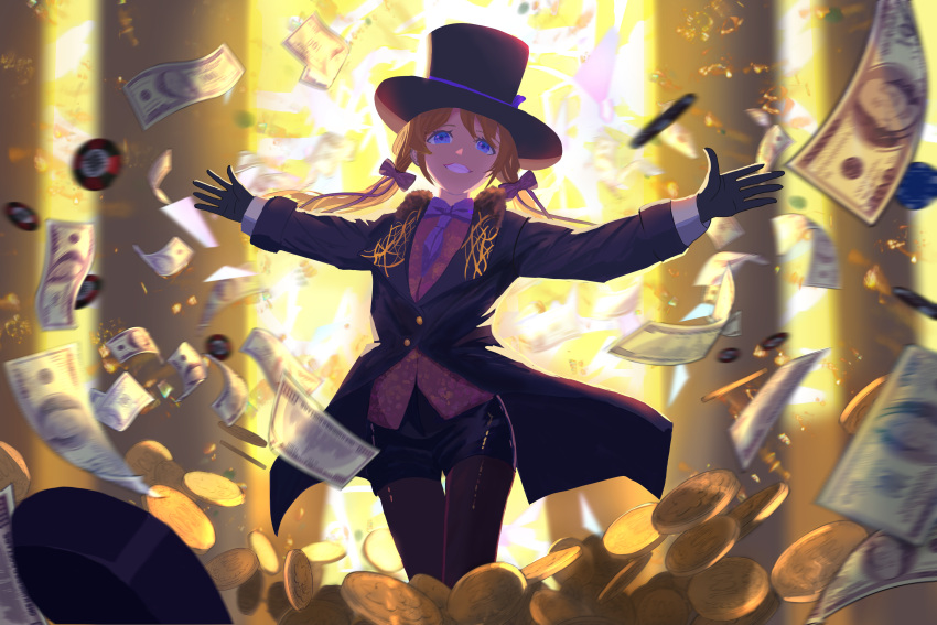 1girl absurdres banknote black_gloves black_headwear blue_eyes coin gloves gold_coin hat highres long_hair looking_at_viewer low_twintails money original pants phantom_thief poker_chip smile solo standing suit thigh-highs twintails uroam