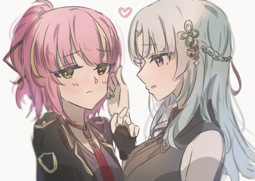 2girls absurdres assault_lily bare_shoulders bell black_gloves black_jacket blonde_hair blurry blush braid breasts brown_ribbon closed_mouth collared_shirt depth_of_field enomoto_komomo fingerless_gloves flower_knot french_braid from_side gloves grey_background grey_hair hair_bell hair_ornament hair_ribbon hand_up heart highres holding_hands jacket jingle_bell jiropi light_smile looking_at_another looking_at_viewer looking_to_the_side medium_breasts multicolored_hair multiple_girls neck_ribbon necktie open_clothes open_jacket parted_lips pink_eyes pink_hair ponytail profile raised_eyebrows red_necktie red_ribbon ribbon school_uniform shirt short_hair simple_background sleeveless sleeveless_shirt streaked_hair sumitani_miki two-tone_hair upper_body yellow_eyes yuri