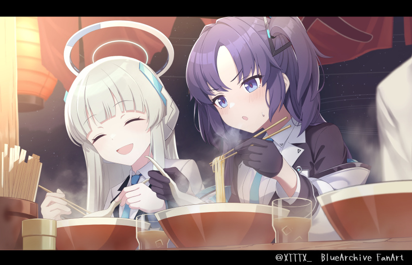 2girls absurdres black_gloves blue_archive blue_necktie chopsticks closed_eyes collared_shirt cup food gloves grey_hair halo highres holding holding_chopsticks long_hair long_sleeves mechanical_halo multiple_girls necktie noa_(blue_archive) noodles open_mouth purple_hair ramen shirt smile ttt_(xtttx) twitter_username two_side_up violet_eyes white_shirt yuuka_(blue_archive)