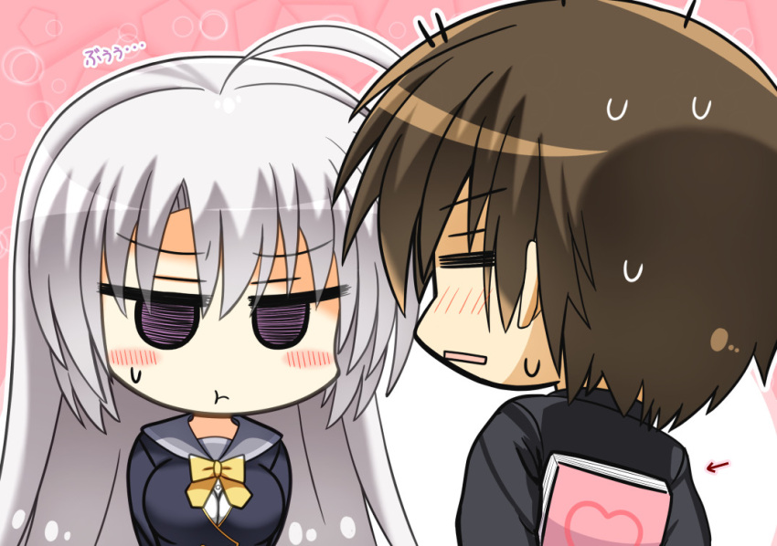 1boy 1girl :t =_= ahoge angry arms_behind_back arrow_(symbol) ayachi_nene black_jacket blush blush_stickers book bow breasts brown_hair chibi closed_eyes closed_mouth commentary couple embarrassed eyes_visible_through_hair grey_hair grey_sailor_collar hair_between_eyes heart hetero holding holding_book hoshina_shuuji jacket jitome large_breasts long_hair long_sleeves looking_at_another nervous_sweating open_mouth pink_background plumtea_an pout sailor_collar sanoba_witch school_uniform short_hair simple_background straight_hair sweat sweatdrop translated two-tone_background upper_body v-shaped_eyebrows very_long_hair violet_eyes white_background yellow_bow