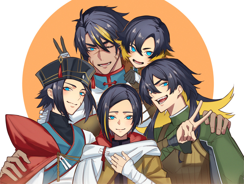 5boys absurdres bandaged_arm bandages black_headwear blue_eyes cape chinese_clothes closed_mouth colored_inner_hair dark-skinned_male dark_skin family fate/grand_order fate_(series) hair_between_eyes haruakira highres huang_feihu_(fate) huang_tianhua_(fate) huang_tianjue_(fate) huang_tianlu_(fate) huang_tianxiang_(fate) looking_at_viewer lower_teeth_only male_focus multicolored_hair multiple_boys one_eye_closed open_mouth red_eyeliner scar scar_on_face scar_on_nose short_hair smile streaked_hair teeth v white_cape