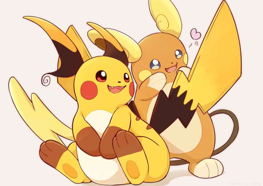absurdres alolan_raichu blue_eyes brown_eyes fangs full_body heart highres mega_pokemon mega_raichu_x multiple_tails no_humans open_mouth orange_fur pokemon pokemon_(creature) pokemon_focus pokemon_legends:_z-a raaaichupudding raichu simple_background smile tail very_long_tail yellow_fur