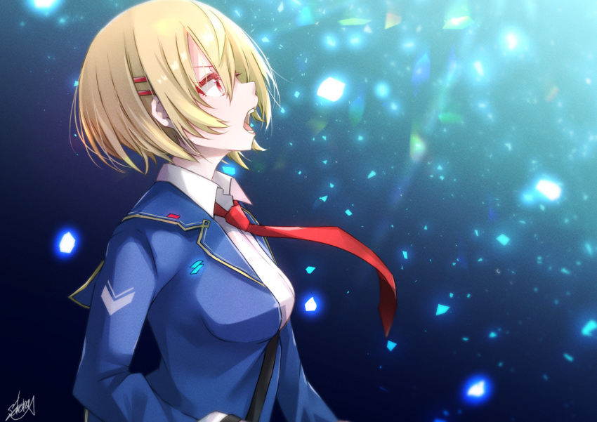 1girl blonde_hair blue_background blue_jacket breasts commentary dress_shirt eyelashes floating_clothes from_side hair_ornament hairclip heaven_burns_red highres jacket kayamori_ruka light_particles long_sleeves looking_up medium_breasts necktie nose open_mouth profile red_eyes red_necktie school_uniform shirt short_hair shouting signature simple_background solo teeth upper_body v-shaped_eyebrows white_shirt yanagiba_sakana