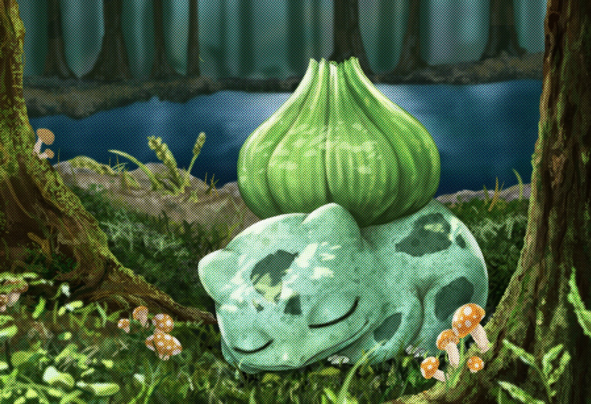 animal_focus bulbasaur claws closed_eyes closed_mouth dl_90_p forest highres korean_commentary lake moss mushroom nature no_humans nostrils on_grass outdoors pokemon pokemon_(creature) sleeping solo tree under_tree