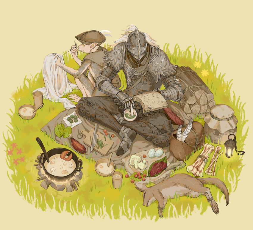 2boys animal arizuka_(catacombe) bloody_wolf_(elden_ring) boc_the_seamster bone crab_claw cutting_board egg elden_ring feathers food fruit hat helmet highres indian_style knife lantern leaf meat multiple_boys mushroom rabbit sewing sitting soup tarnished_(elden_ring)