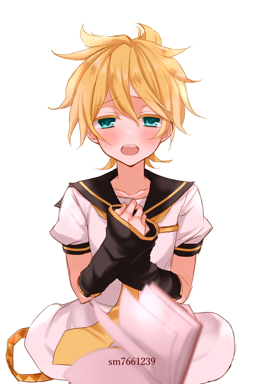 blonde_hair blue_eyes blush book detached_sleeves highres kagamine_len looking_at_viewer necktie niconico_id open_mouth sailor_collar shorts sorano_namida vocaloid