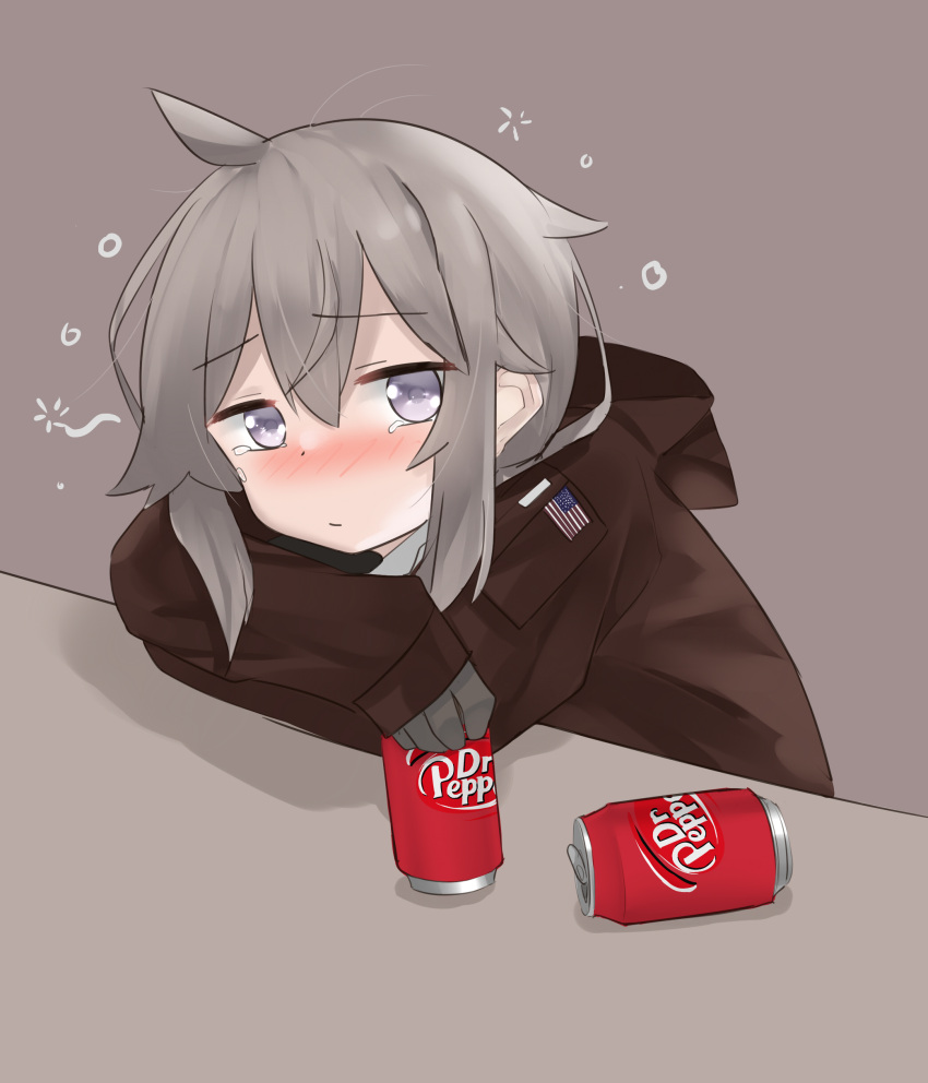 absurdres ahoge american_flag blush brown_jacket can dr_pepper exhausted girls_frontline gloves highres jacket m200_(girls'_frontline) pepsi2330 sleepy soda_can tears