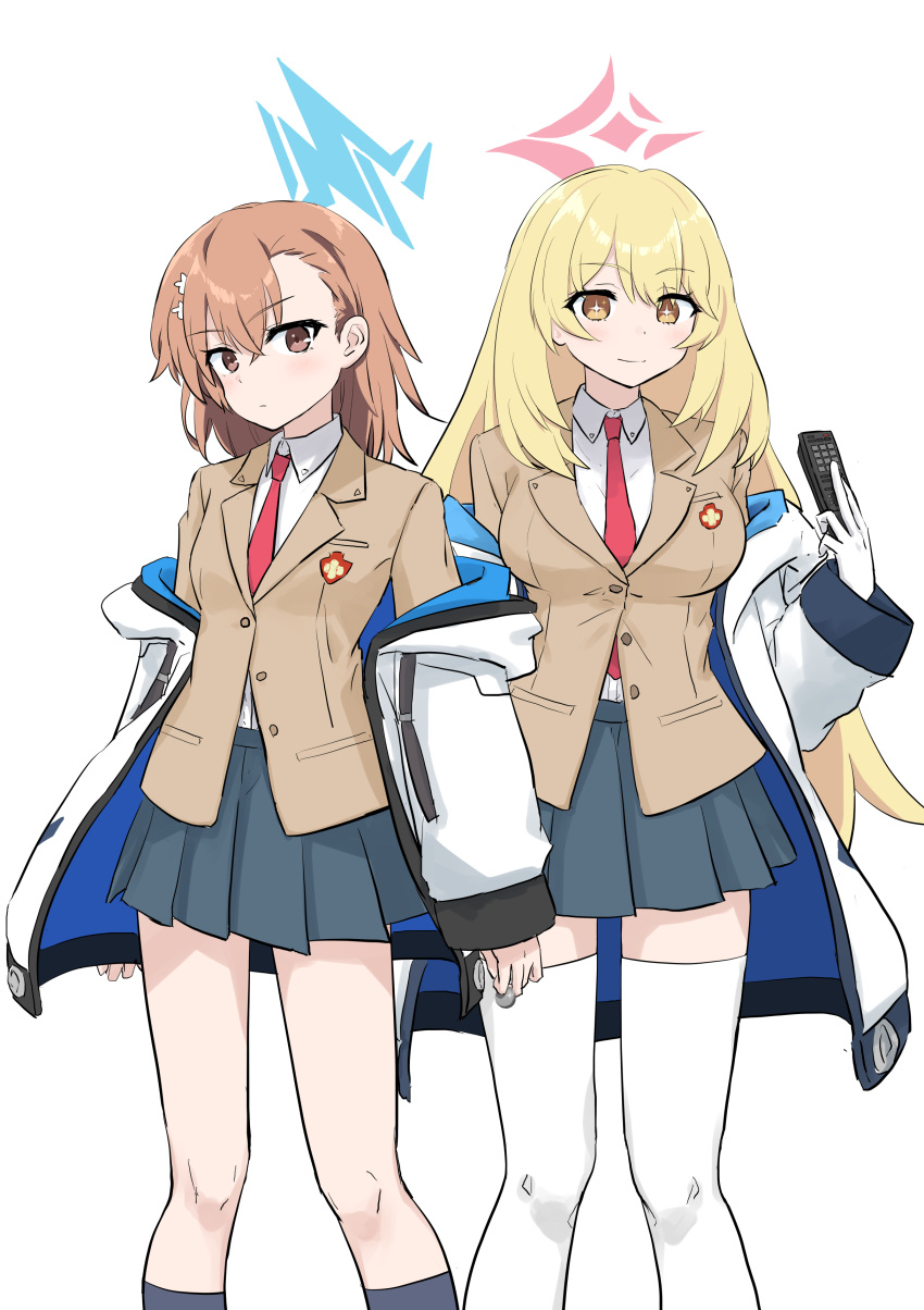 2girls absurdres blazer blonde_hair blue_archive blue_halo breast_pocket breasts brown_eyes brown_hair brown_jacket closed_mouth coin collared_shirt commentary_request controller grey_skirt halo highres holding holding_coin holding_remote_control imonoiruku jacket large_breasts long_hair long_sleeves medium_hair misaka_mikoto multiple_girls necktie off_shoulder partially_unbuttoned pink_halo pleated_skirt pocket red_necktie remote_control school_emblem school_uniform shirt shokuhou_misaki side-by-side skirt sparkling_eyes thigh-highs toaru_kagaku_no_railgun toaru_majutsu_no_index tokiwadai_school_uniform white_background white_jacket white_shirt white_thighhighs winter_uniform yellow_eyes