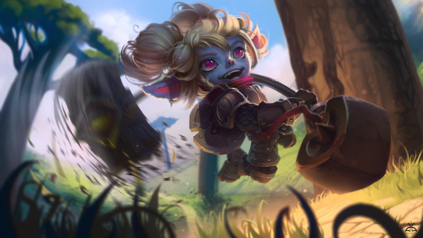 1girl armor artist_name black_gloves blurry blurry_background blurry_foreground boots buckler dgatrick full_body gloves grass highres holding holding_weapon jumping league_of_legends open_mouth outdoors pointy_ears poppy_(league_of_legends) scarf shield solo tree violet_eyes weapon white_hair yordle