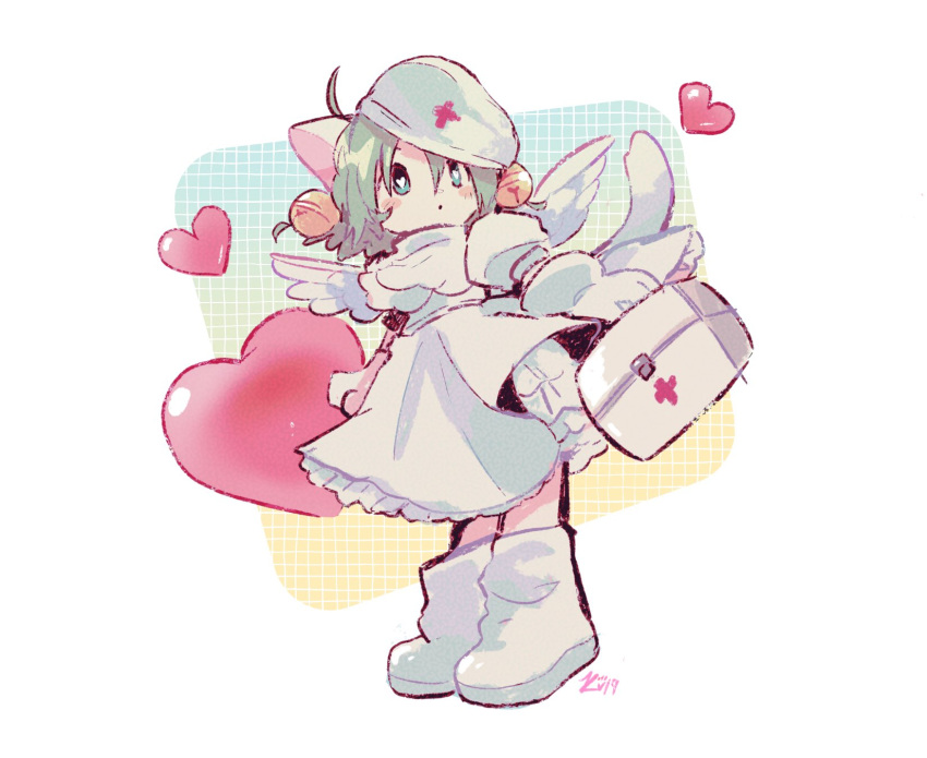 1girl angel_wings arms_at_sides bell blush_stickers cat_tail commentary cross dejiko di_gi_charat dress first_aid_kit full_body gloves green_eyes green_hair hair_bell hair_between_eyes hair_ornament heart heart-shaped_pupils highres kitchupsandwich red_cross short_hair signature simple_background solo symbol-shaped_pupils tail white_background white_dress white_footwear white_gloves white_headwear white_wings wings
