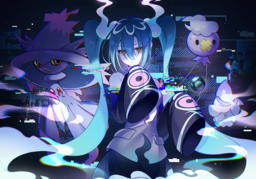 1girl aqua_hair detached_sleeves drifloon dusk_ball fire ghost ghost_miku_(project_voltage) glitch grey_shirt hair_between_eyes hatsune_miku highres kanvien litwick long_hair looking_at_viewer mismagius pale_skin poke_ball pokemon pokemon_(creature) project_voltage see-through see-through_skirt shirt skirt sleeves_past_fingers sleeves_past_wrists twintails very_long_hair vocaloid will-o'-the-wisp_(mythology) yellow_eyes