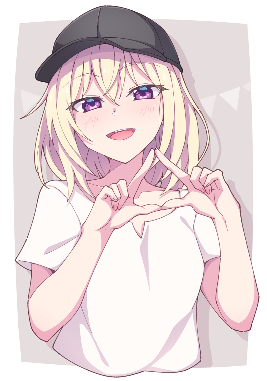 1girl :d bang_dream! bang_dream!_it's_mygo!!!!! baseball_cap black_headwear blonde_hair blush breasts collarbone cropped_torso e20 grey_background hair_between_eyes hands_up hat highres looking_at_viewer misumi_uika pennant shirt short_sleeves small_breasts smile solo string_of_flags teeth two-tone_background upper_body upper_teeth_only violet_eyes white_background white_shirt