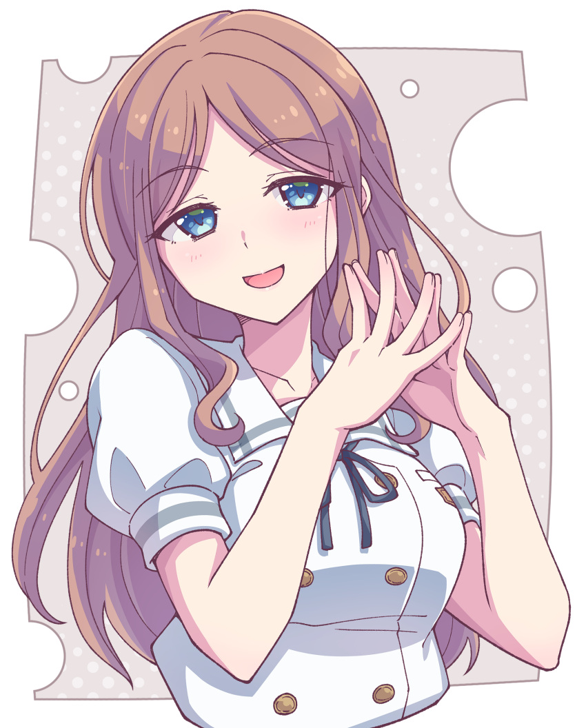 1girl :d bang_dream! bang_dream!_it's_mygo!!!!! black_ribbon blue_eyes breasts brown_hair e20 grey_background halftone halftone_background hands_up highres long_hair medium_breasts nagasaki_soyo neck_ribbon parted_bangs puffy_short_sleeves puffy_sleeves ribbon school_uniform shirt short_sleeves smile solo steepled_fingers two-tone_background very_long_hair white_background white_shirt