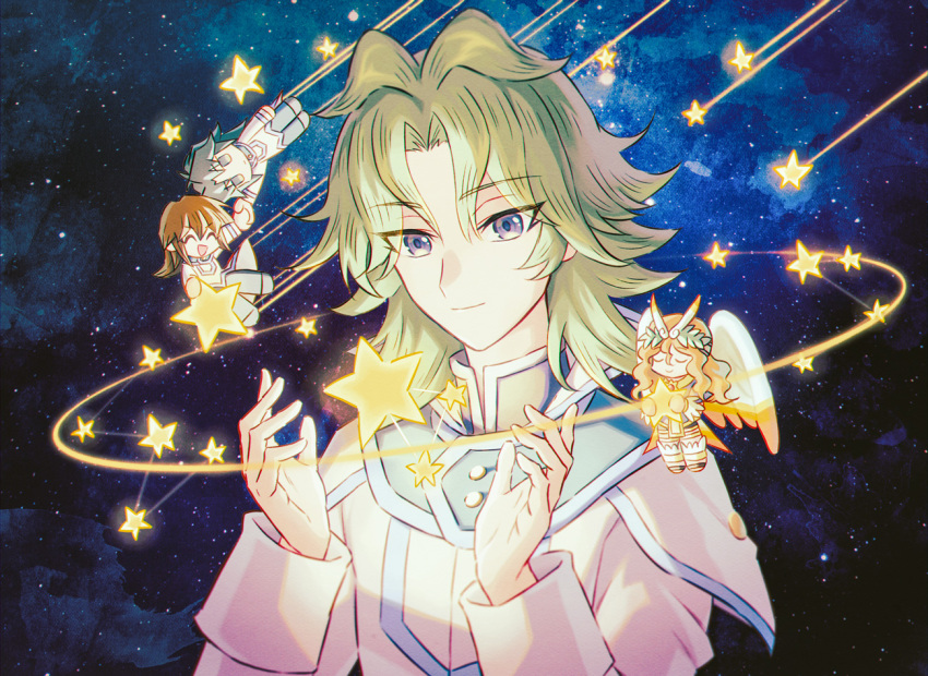 4boys chibi commentary_request duel_monster fujiwara_yuusuke glowing green_hair happy holding_hands honest_(yu-gi-oh!) jacket long_hair long_sleeves male_focus marufuji_ryo moisukii multiple_boys open_mouth sky smile star_(sky) star_(symbol) starry_sky tenjouin_fubuki upper_body violet_eyes white_jacket yu-gi-oh! yu-gi-oh!_gx