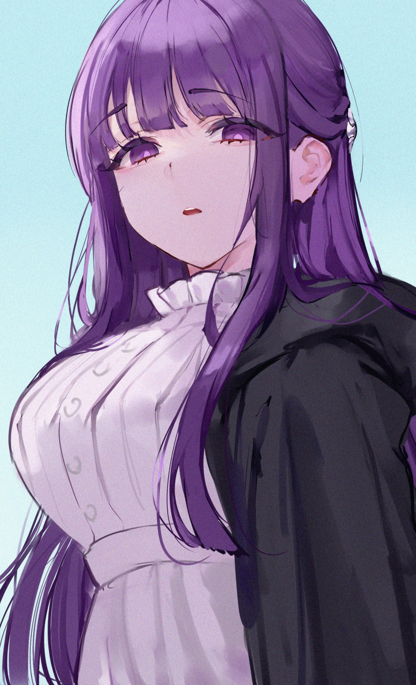 1girl absurdres black_jacket blue_background breasts cut_bangs dress fern_(sousou_no_frieren) highres jacket large_breasts long_hair looking_at_viewer mile_(off8mile) open_clothes open_jacket parted_lips purple_hair simple_background solo sousou_no_frieren upper_body violet_eyes white_dress