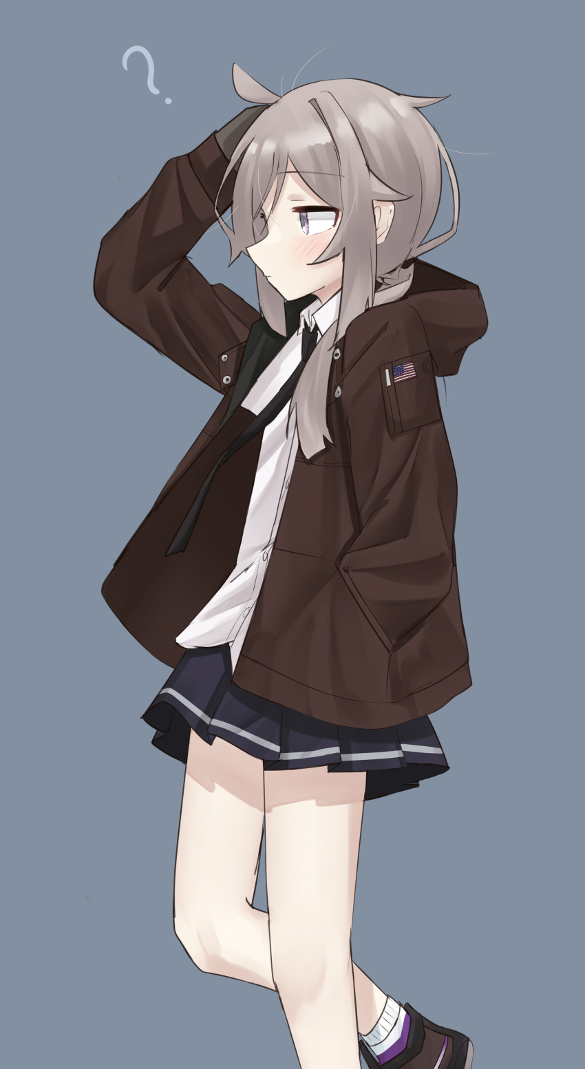 absurdres ahoge american_flag brown_jacket buttons collared_shirt from_side girls_frontline gloves green_eyes highres jacket m200_(girls'_frontline) miniskirt necktie pepsi2330 ponytail shirt skirt