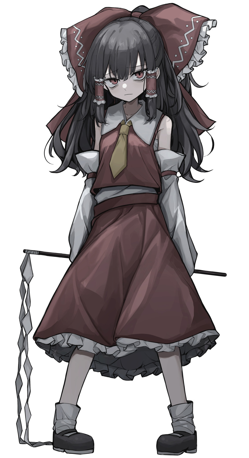 1girl absurdres bow brown_hair detached_sleeves empty_eyes expressionless gohei hair_bow hakurei_reimu highres hisha_(kan_moko) holding holding_gohei large_bow looking_at_viewer nontraditional_miko red_bow red_eyes red_shirt red_skirt shirt skirt sleeveless sleeveless_shirt solo touhou white_background white_sleeves