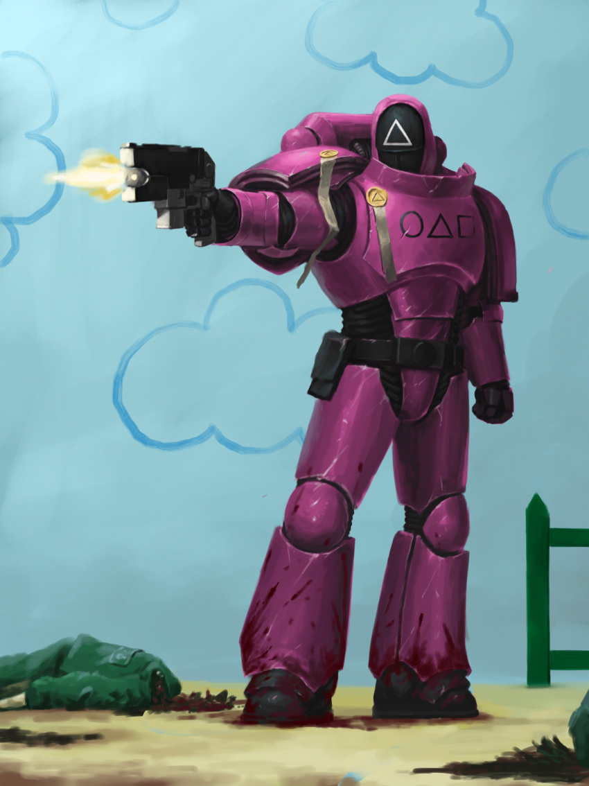 1boy absurdres adeptus_astartes armor armored_boots black_mask blood bolter boots breastplate circle cloud_print clouds corpse firing full_armor gauntlets greaves green_jumpsuit gun highres holding holding_gun holding_weapon hood jumpsuit kim_chan mask parody pauldrons pink_armor pink_hood power_armor purity_seal shoulder_armor soldier_(squid_game) square squid_game triangle warhammer_40k weapon