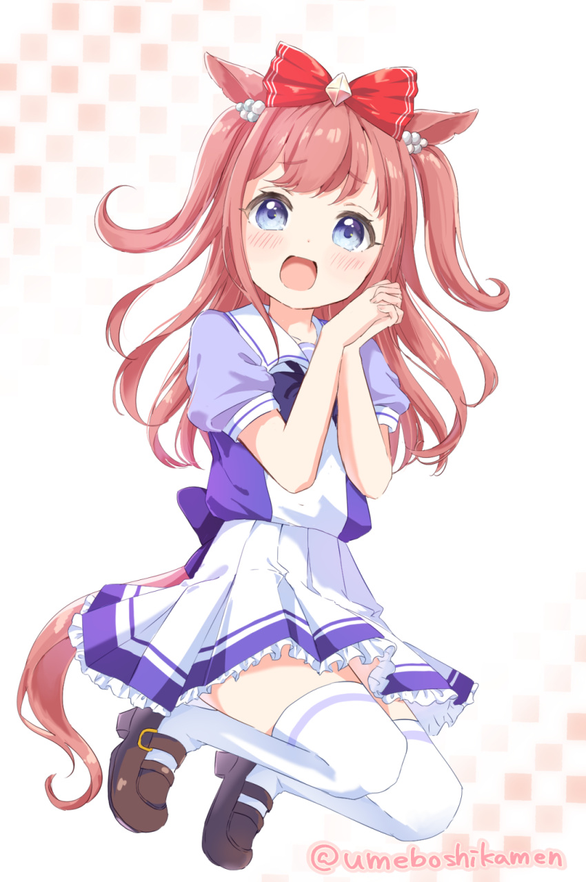 1girl agnes_digital_(umamusume) animal_ears blue_eyes blush bow collarbone commission full_body hair_between_eyes hair_bow hair_ornament highres horse_ears horse_girl horse_tail looking_at_viewer mearian open_mouth own_hands_together pink_hair ribbon school_uniform simple_background skeb_commission solo tail thigh-highs tracen_school_uniform umamusume