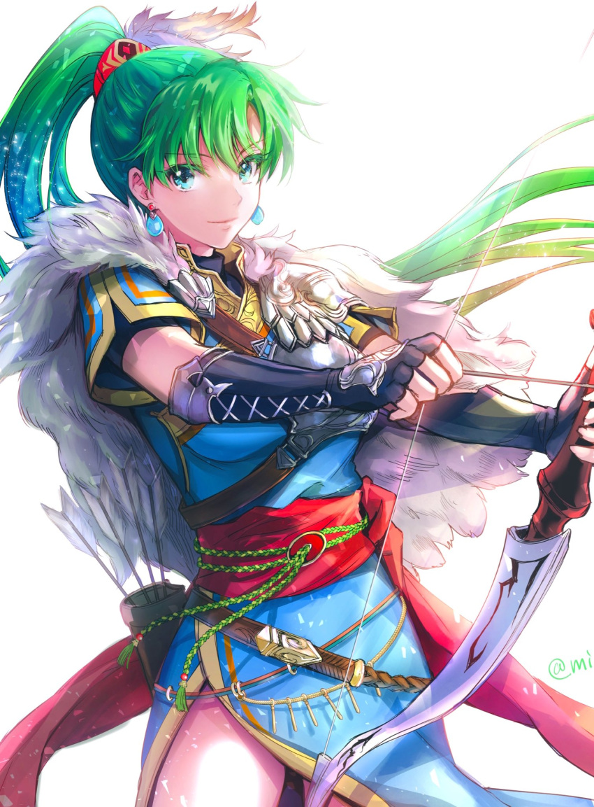 1girl armor arrow_(projectile) bow_(weapon) breastplate closed_mouth earrings fire_emblem fire_emblem:_the_blazing_blade fire_emblem_heroes green_eyes green_hair highres holding holding_arrow holding_bow_(weapon) holding_weapon jewelry long_hair looking_at_viewer lyn_(fire_emblem) lyn_(lady_of_the_wind)_(fire_emblem) mintes official_alternate_costume quiver solo weapon