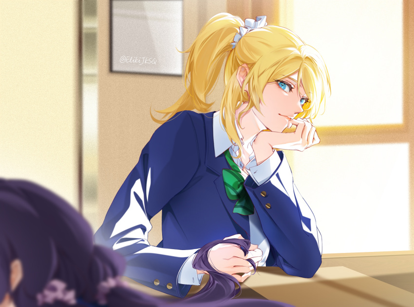 2girls artist_name ayase_eli blonde_hair blue_eyes blue_jacket bow closed_mouth collared_shirt diagonal-striped_bow diagonal_stripes green_bow hair_ornament hair_scrunchie head_rest highres indoors jacket k.jhitsugi long_hair long_sleeves looking_at_viewer love_live! love_live!_school_idol_project low_twintails mitakihara_school_uniform multiple_girls pink_scrunchie ponytail purple_hair school_uniform scrunchie shirt striped toujou_nozomi twintails white_scrunchie white_shirt